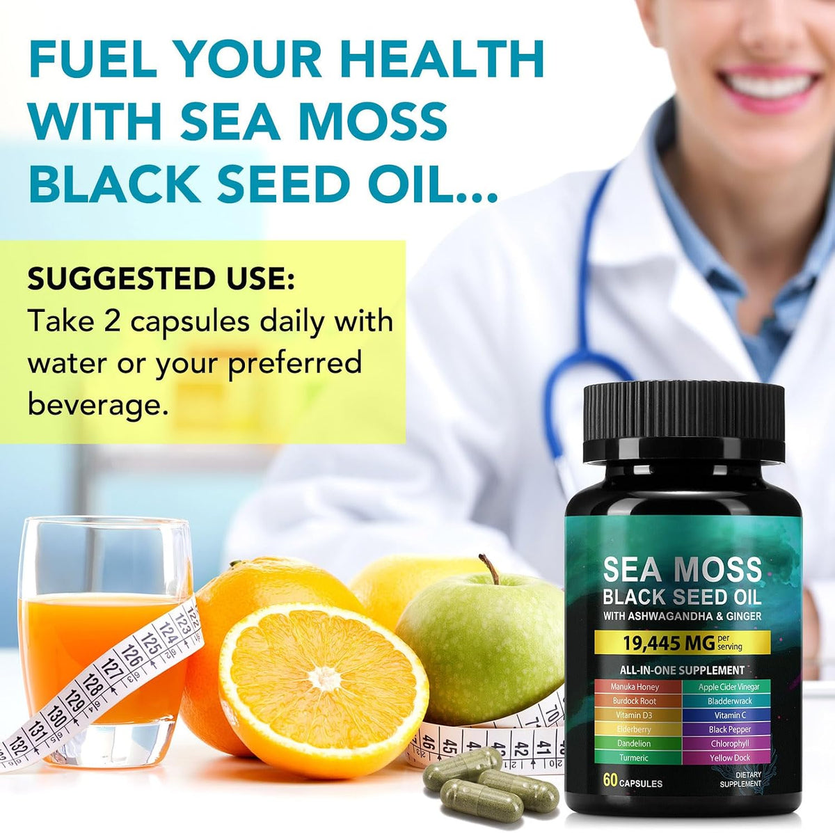 Sea Moss Black Seed Oil Ashwagandha Ginger Supplement - 60 Capsules - görsel 7