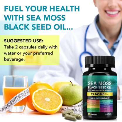 Sea Moss Black Seed Oil Ashwagandha Ginger Supplement - 60 Capsules