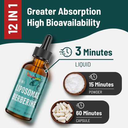 Berberine HCl Supplement 3000 mg - Liposomal Berberine HCl Liquid - AMPK Activator with Turmeric, Ceylon Cinnamon, 12 Natural Ingredients - 118 ml