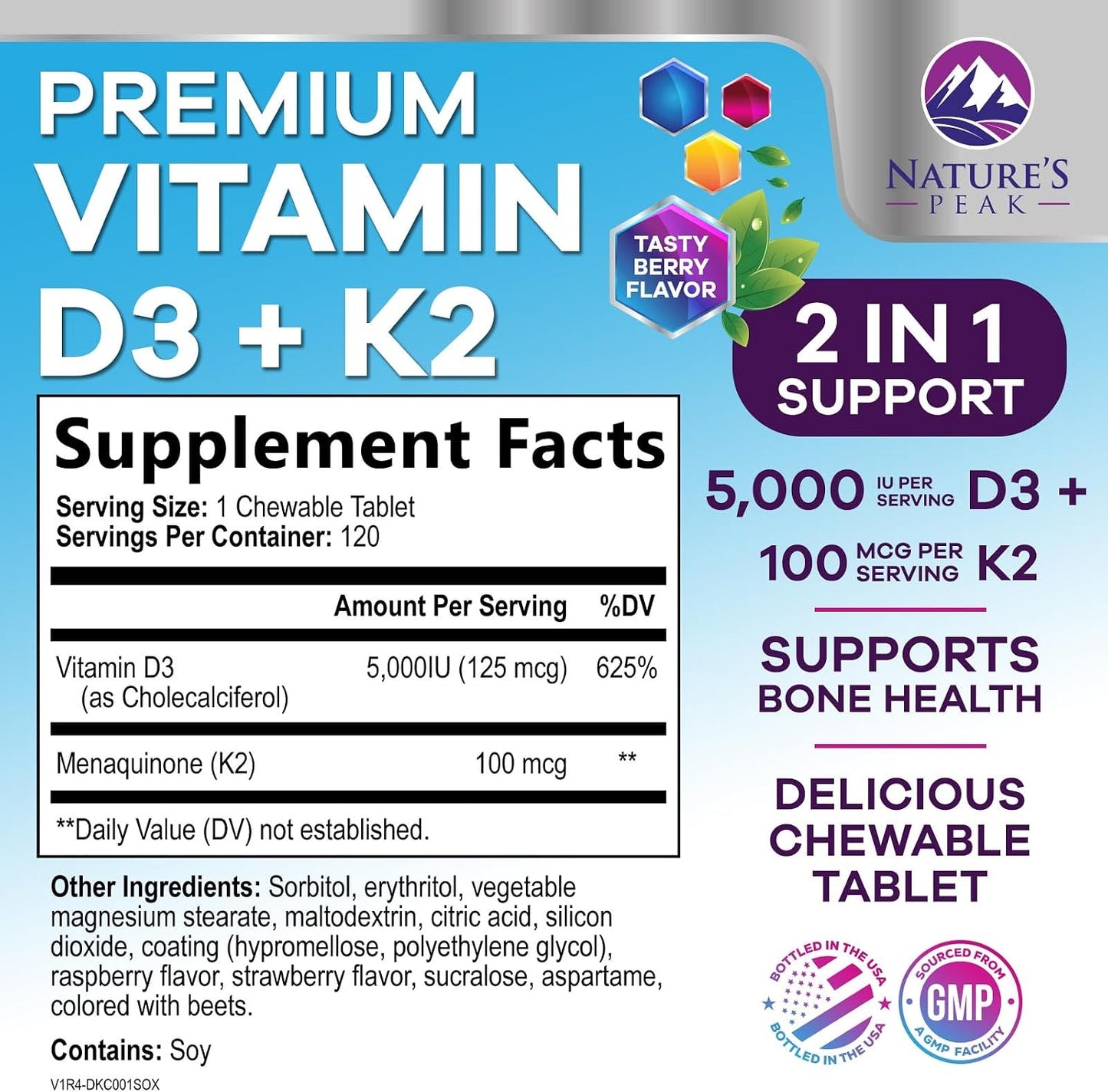 Vitamin D3 K2 - 5000 IU Vitamin D3 & 100 mcg Vitamin K2 MK-7 per Serving - Bone, Heart, & Immune Health Support - Calcium Absorption - D3K2 Berry Chew, Gluten-free, Non-GMO - 120 Tablets - görsel 2