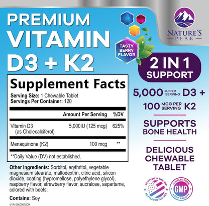 Vitamin D3 K2 - 5000 IU Vitamin D3 & 100 mcg Vitamin K2 MK-7 per Serving - Bone, Heart, & Immune Health Support - Calcium Absorption - D3K2 Berry Chew, Gluten-free, Non-GMO - 120 Tablets