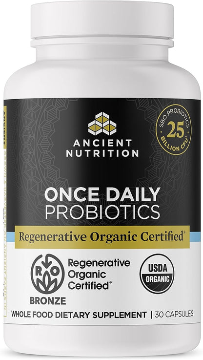 Ancient Nutrition Regenerative Organic Certified Probiotics, Daily Probiotics Once Daily, Healthy Digestion and Gut Health Support, 25 Billion CFUs Per Serving, 30 Count