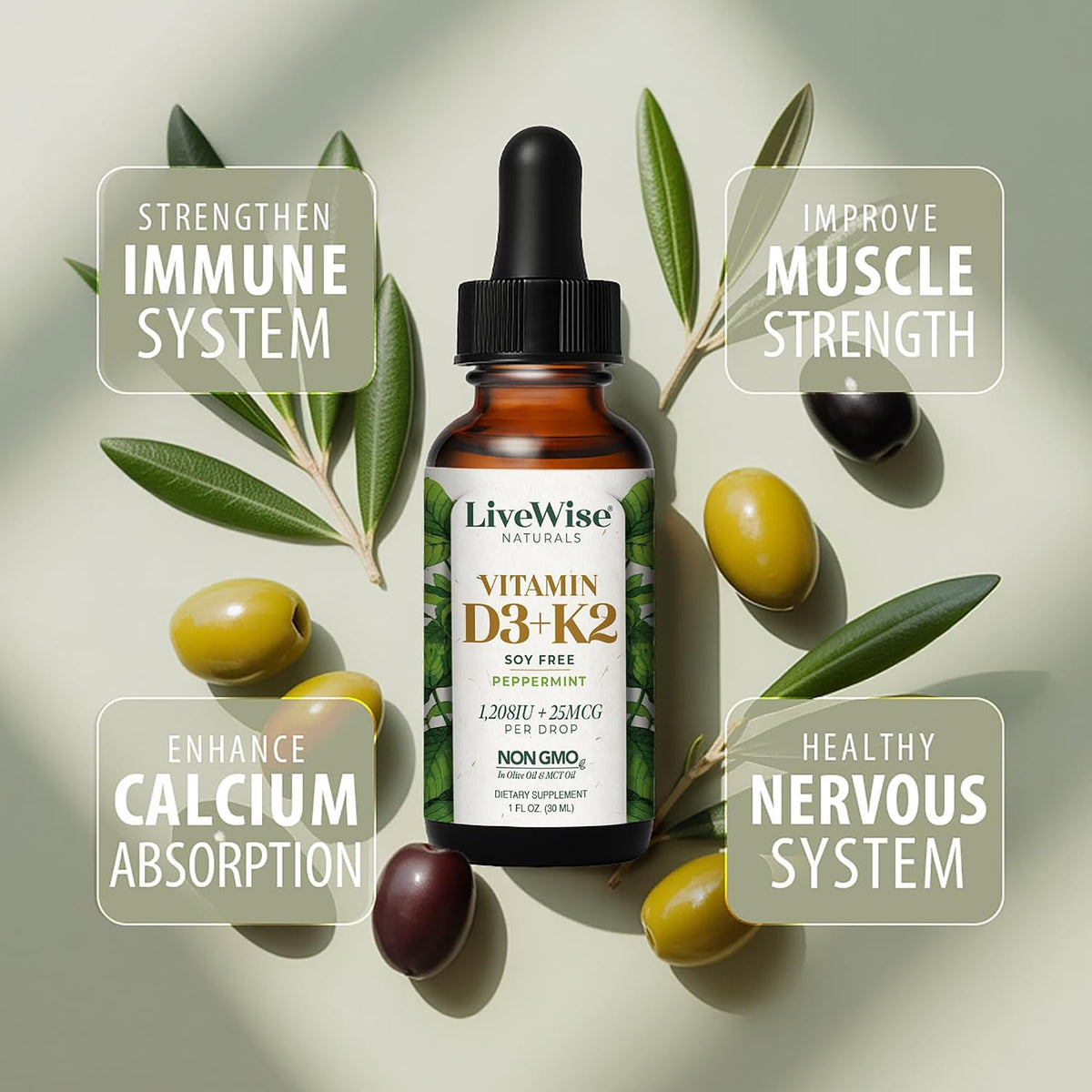 Live Wise Naturals Vitamin D3 K2 (MK-7) Peppermint Drops - 930 Drops, 1208 IU D3, 25 mcg K2 - görsel 5