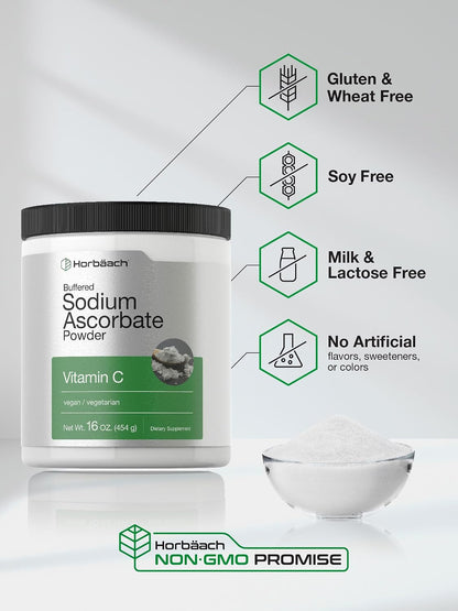 Horbäach Buffered Sodium Ascorbate Vitamin C Powder | 454 g | Vegan, Non-GMO, and Gluten-free Food Supplement