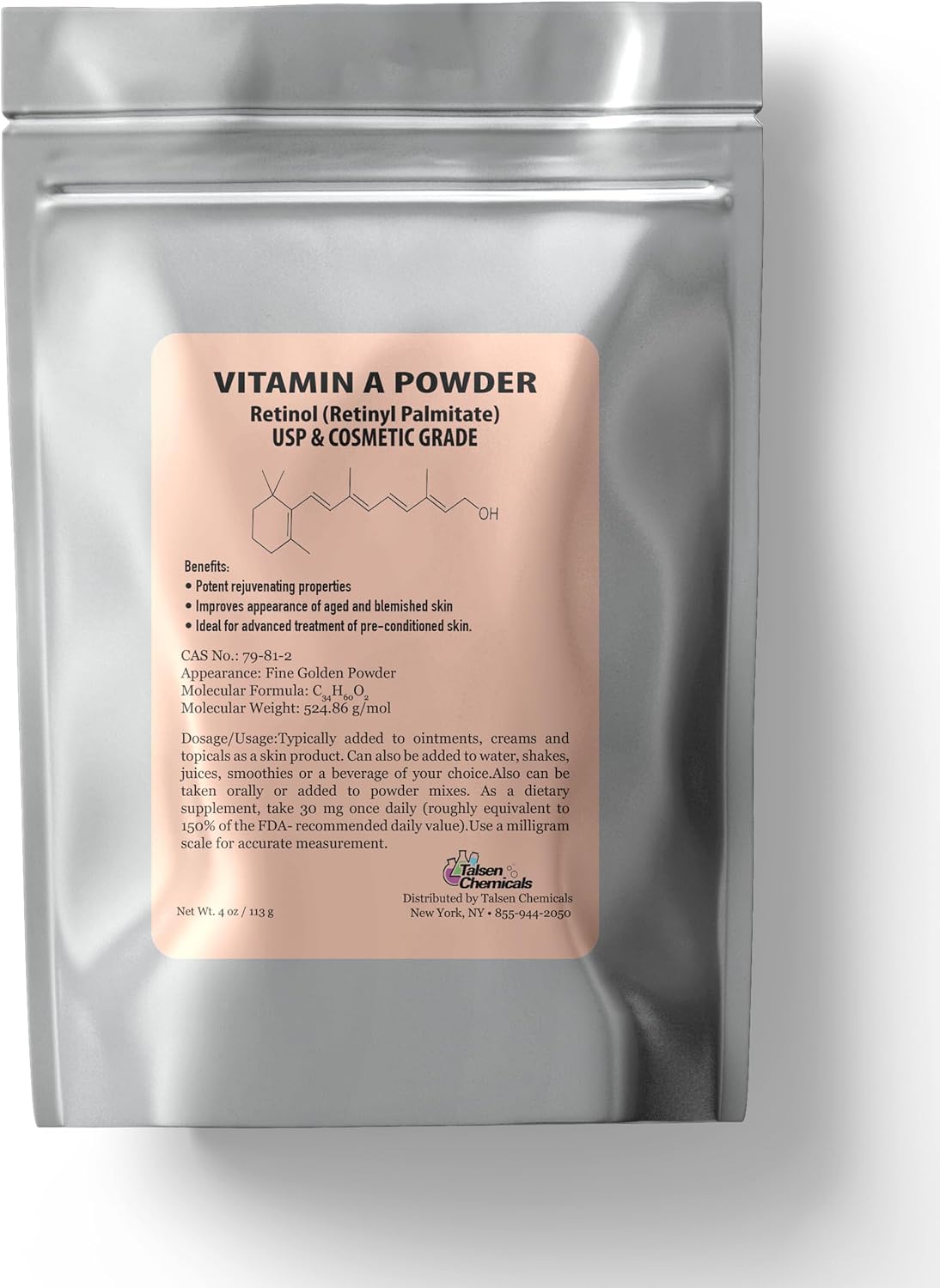 Talsen Chemicals Vitamin A Powder - Retinyl Palmitate, Pure Retinol Powder for Cosmetic Uses (113 g) - görsel 1