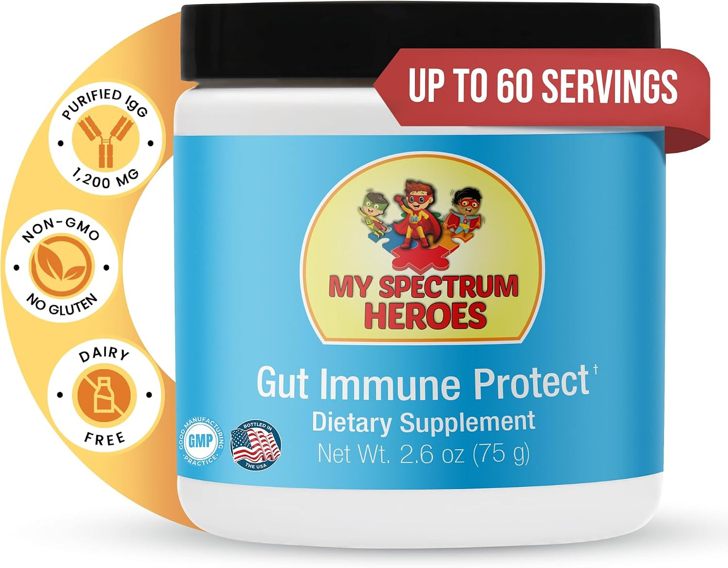 My Spectrum Heroes: Dairy-free Gut & Immune Booster - 1,200 mg of Pure IgG for Mucosal Immunity, Strong GI Barrier, Digestive Harmony, and Better Mental & Behavioural Health in Kids, with 60 Servings - görsel 1