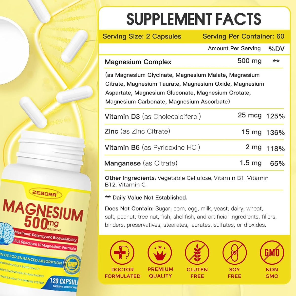 ZEBORA 10-in-1 Magnesium Complex Food Supplement - 500mg Magnesium Glycinate, Citrate & Malate with Vitamin D3 & Zinc - 120 Capsules - görsel 4