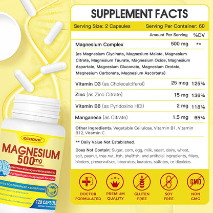 ZEBORA 10-in-1 Magnesium Complex Food Supplement - 500mg Magnesium Glycinate, Citrate & Malate with Vitamin D3 & Zinc - 120 Capsules