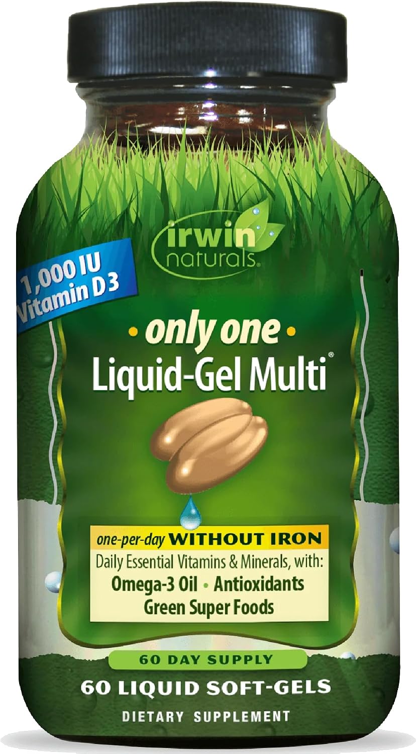 Irwin Naturals Only One Liquid-Gel Multi – 60 Liquid Softgels – No Iron Daily Multivitamin with Omega-3 & Greens - görsel 1