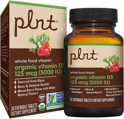 Organic Vitamin D3 125 mcg (5,000 IU) Whole Food Vitamin Mixed Berry (30 Chewable Tablets)
