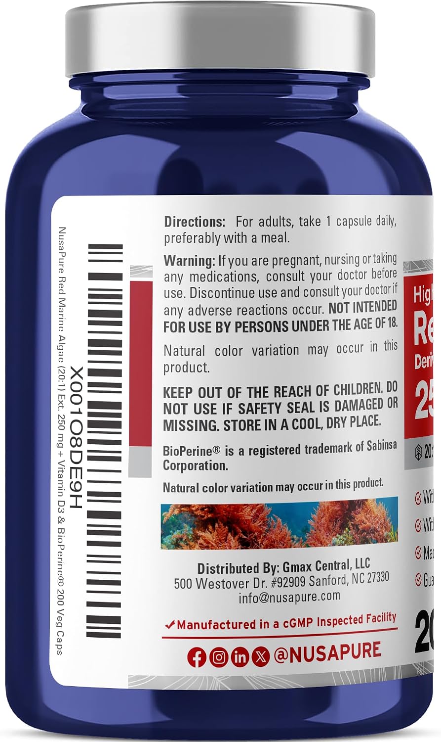 NusaPure Red Marine Algae Capsules, 250 mg, 200 Vegan Capsules (Soya-free, Non-GMO) - görsel 3