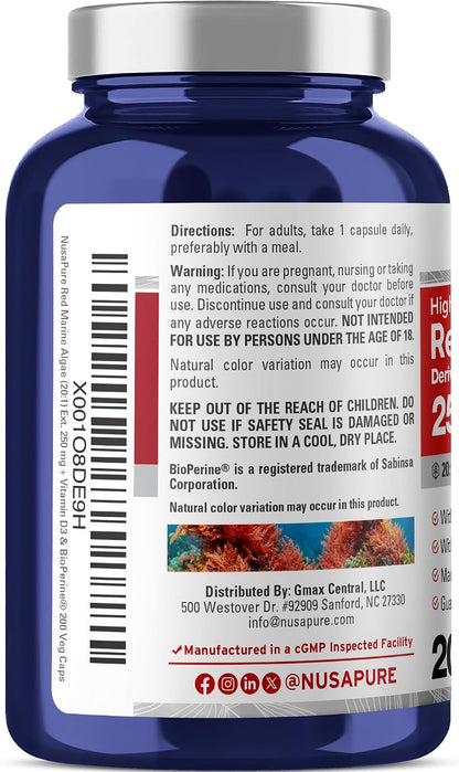 NusaPure Red Marine Algae Capsules, 250 mg, 200 Vegan Capsules (Soya-free, Non-GMO)