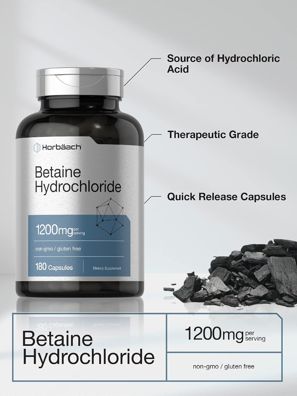Horbäach Betaine HCl 1200mg - Betaine Hydrochloride Supplement (180 Capsules) - görsel 3