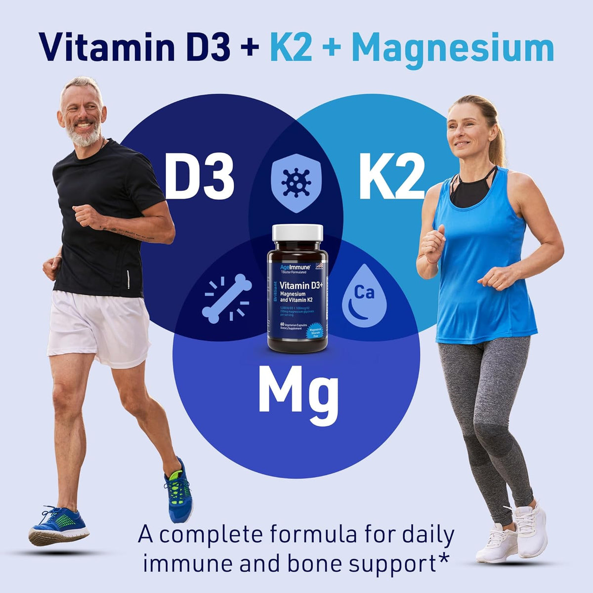 AgeImmune Brilliant D3+ Complex: 5000 IU Vitamin D3, K2 & Magnesium Glycinate - 60 Capsules - görsel 5