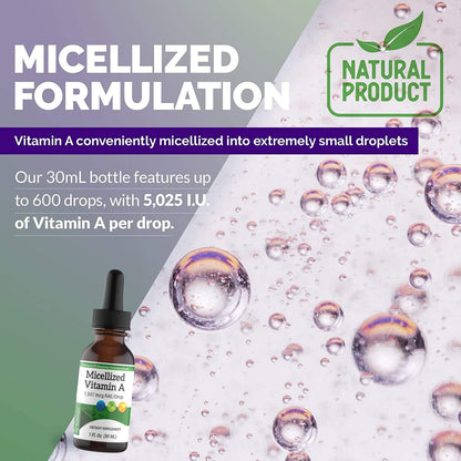 Micellised Vitamin A Drops - Liquid Vitamin A Supplement, 1,507 mcg RAE, 5,025 IU per Drop, 30 ml