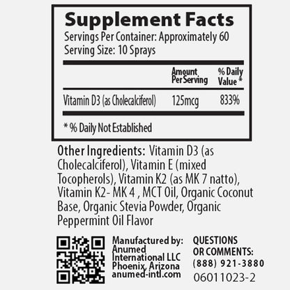 Vitamin D3 K2 5,000 IU Liquid Spray with Organic MCT Oil, Vitamin A (Retinol) 1250mcg, K2 (MK4, MK7) – Promotes Heart, Bones, Immune System – 100% Vegan, Non-GMO, No Sugar Added (60ml, Peppermint)