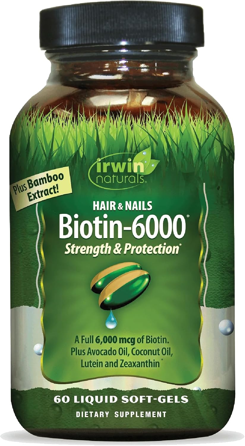 Irwin Naturals Biotin-6000 - Supports Strength & Protection for Hair & Nails with Avocado Oil, Coconut Oil, Lutein & Zeaxanthin - 60 Liquid Softgels - görsel 1