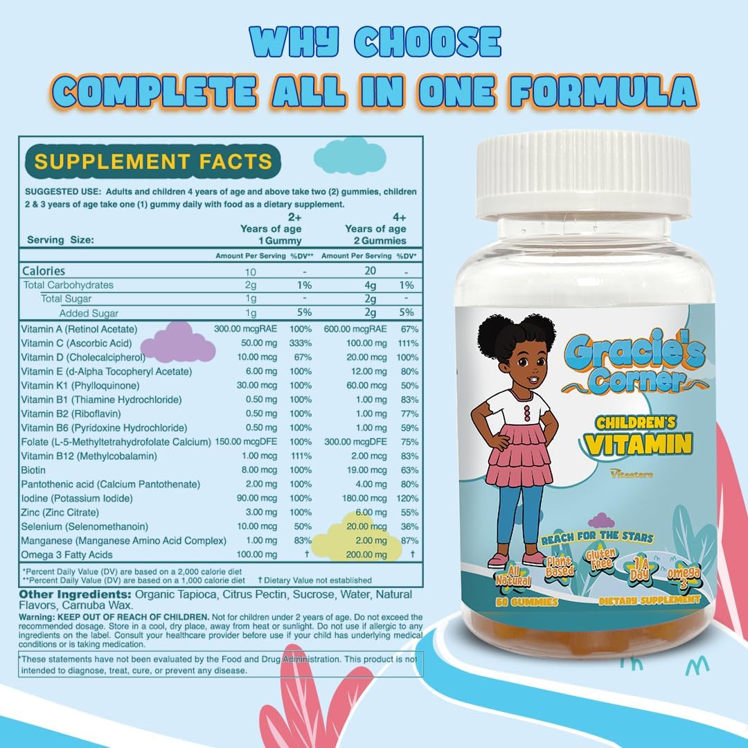 Gracie’s Corner Stars Kids Multivitamin Gummies with Omega-3 - Children’s Vitamins A, B, C, D - Star-Shaped Toddler Multivitamins, Plant-Based, Gluten-free Kids Gummy Vitamins, 60 Count - görsel 6