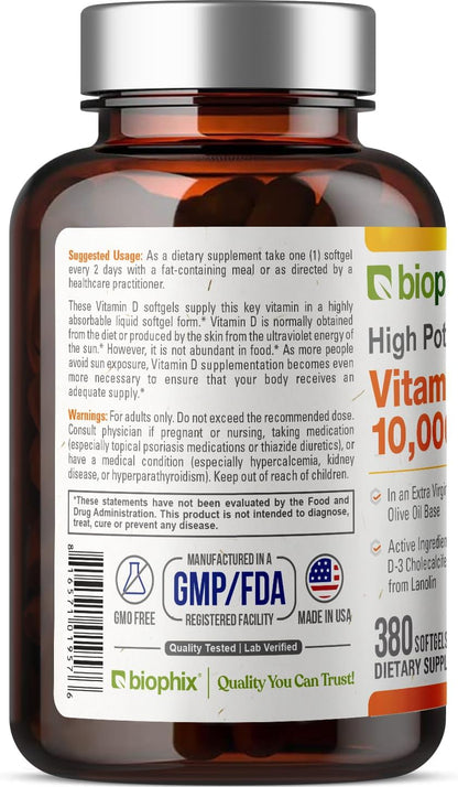 biophix Vitamin D3 10000 IU 380 Softgels - High Strength with Extra Virgin Olive Oil