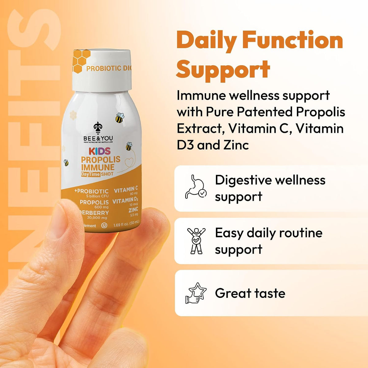 Bee & You Kids Propolis Immune Day Time Shot - Probiotic, Vitamin C, Vitamin D3, Zinc - Immune & Gut Health - 50 ml (12 Pack) - görsel 5
