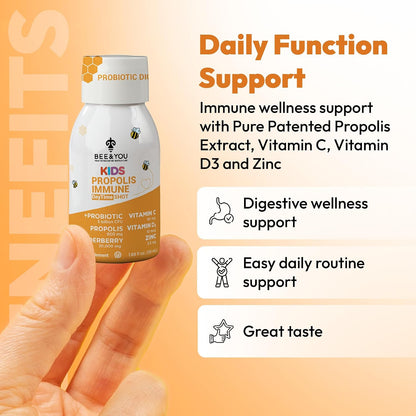 Bee & You Kids Propolis Immune Day Time Shot - Probiotic, Vitamin C, Vitamin D3, Zinc - Immune & Gut Health - 50 ml (12 Pack)