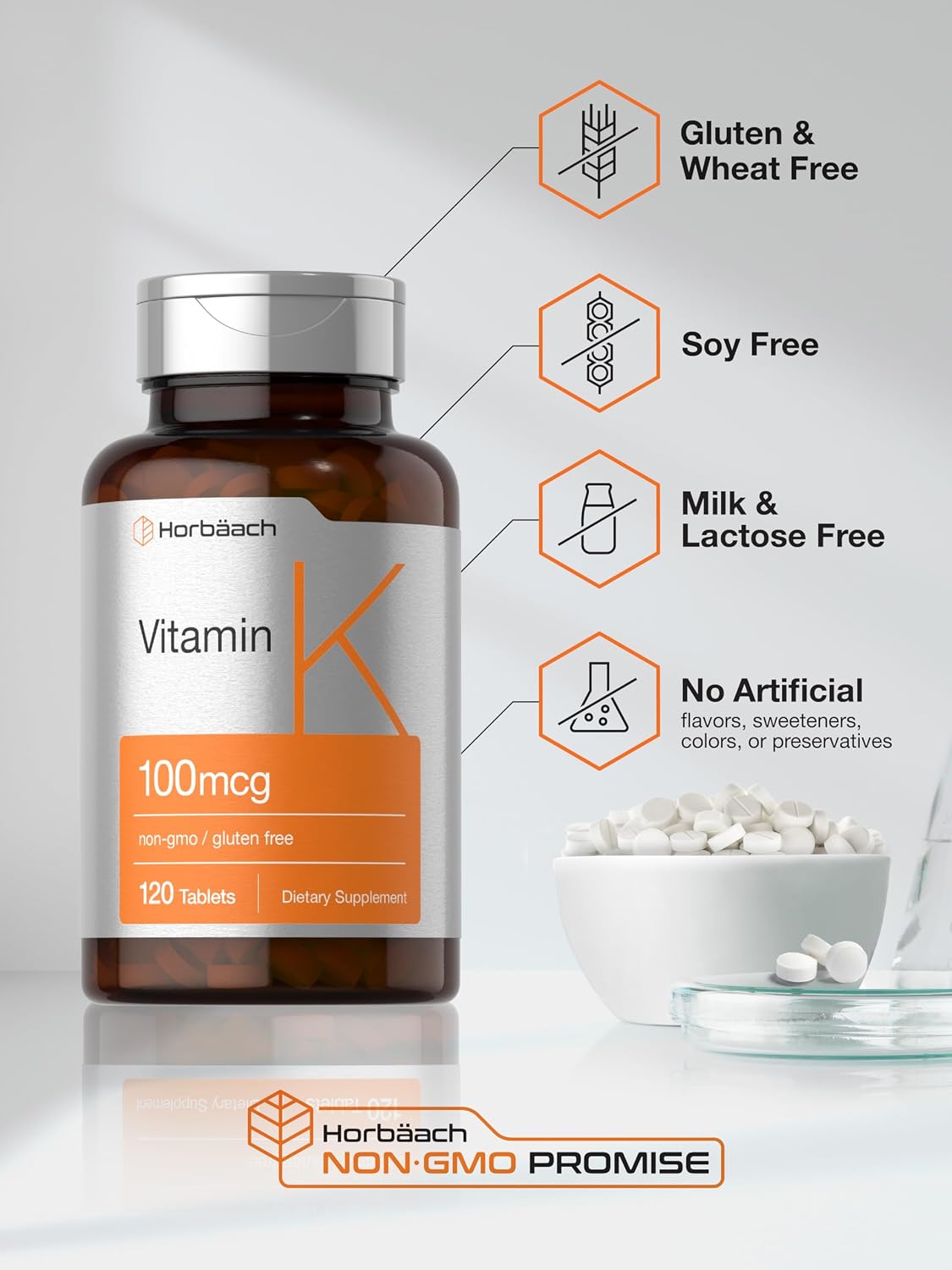 Horbäach Vitamin K Supplement | 100mcg | 120 Tablets | Vegetarian, Non-GM & Gluten-free - görsel 5