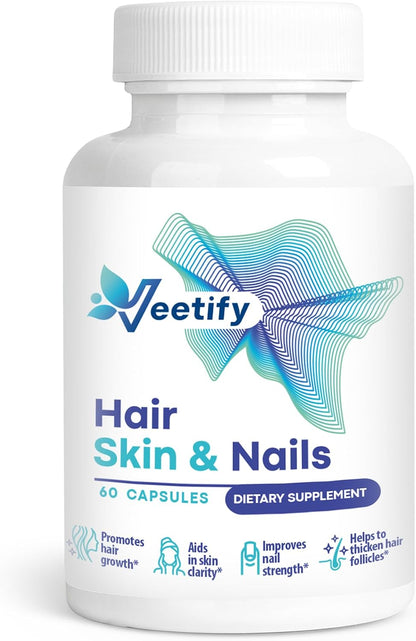 Veetify Hair, Skin and Nails Vitamins - Biotin and Herbal Complex, 60 Vegan Capsules