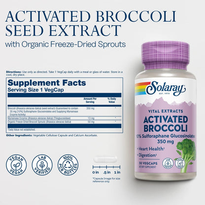 SOLARAY Activated Broccoli Seed Extract 350 mg – 10% Sulforaphane Glucosinolates, 30 Vegan Capsules
