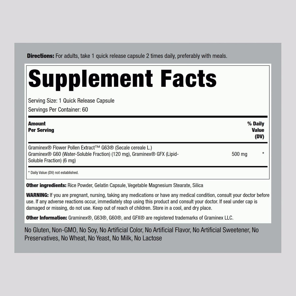 Piping Rock Graminex Flower Pollen Extract | 500 mg | 60 Capsules - görsel 2