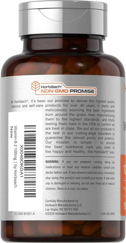 Horbäach Vitamin B2 100 mg, 180 Capsules - Riboflavin Supplement, Non-GMO & Gluten-free