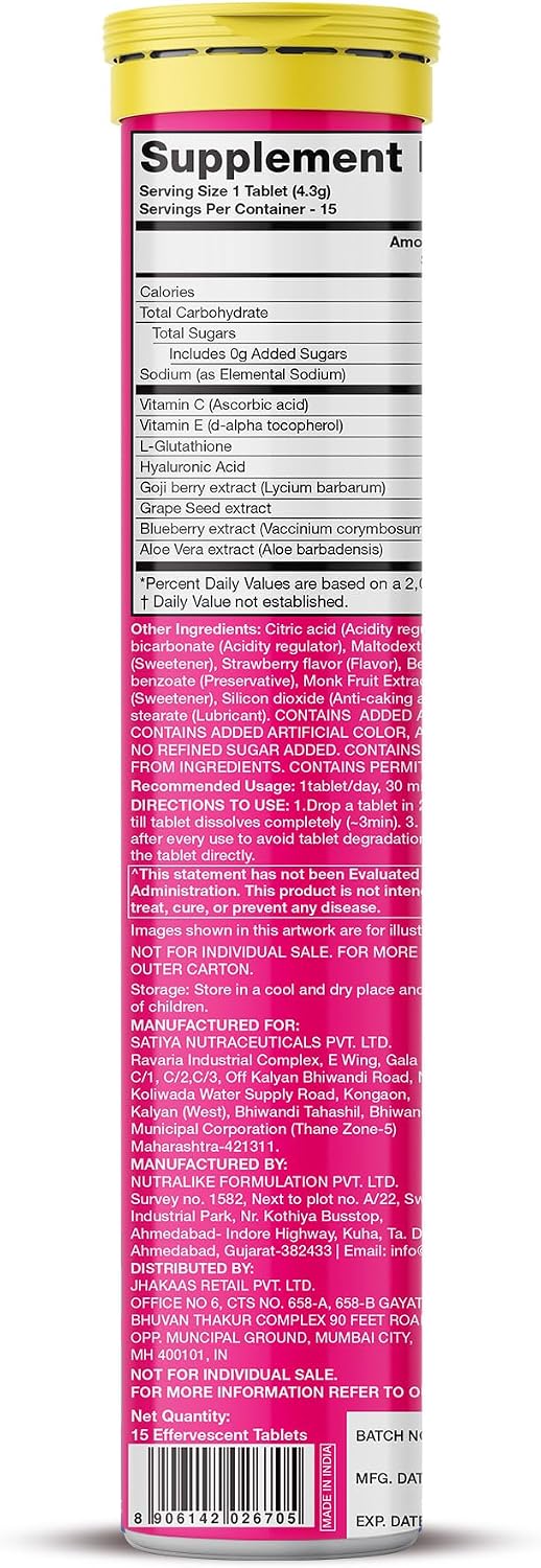 PLIX Glowy Skin 500mg Glutathione Supplement with Hyaluronic Acid, Vitamin C, E & Berries, 30 Effervescent Tablets (Strawberry Flavour) - görsel 3