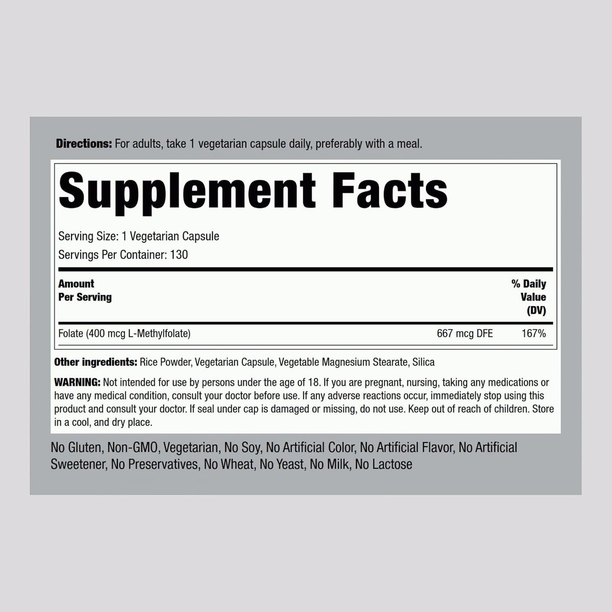 Piping Rock L-Methylfolate Supplement, 400 mcg, 130 Capsules - görsel 2