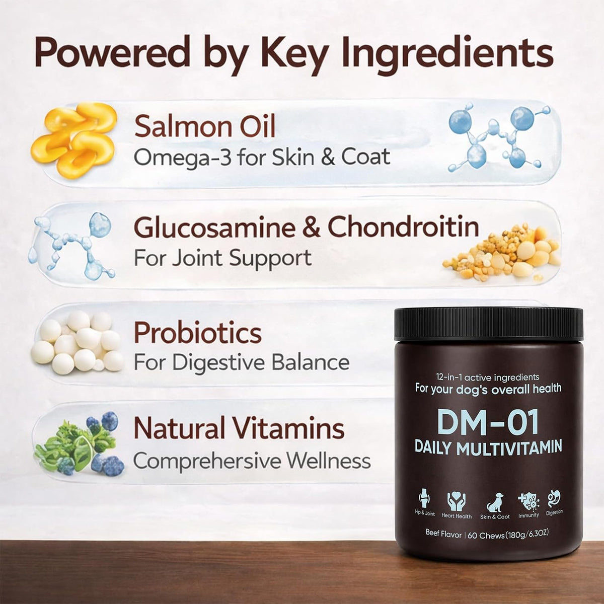 DM-01 Daily Multivitamin for Dogs - Supports Skin & Coat, Joints & Digestion, Beef Flavour, 60 Chews - görsel 2
