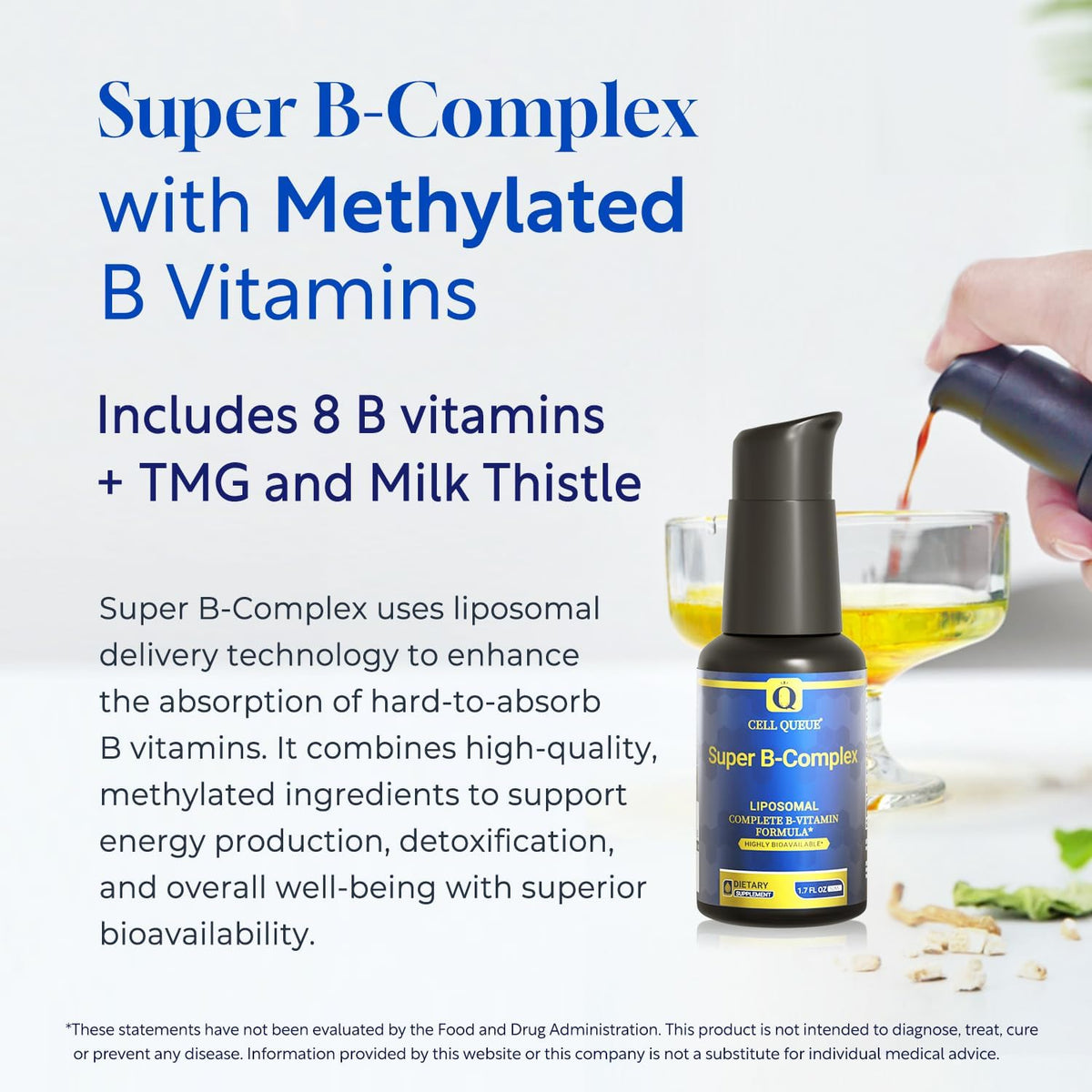 Cellqueue Methyl B Complex Liquid Drops - Liposomal B12, Folate, B6 with Methylated B Vitamins, TMG & Milk Thistle - görsel 2