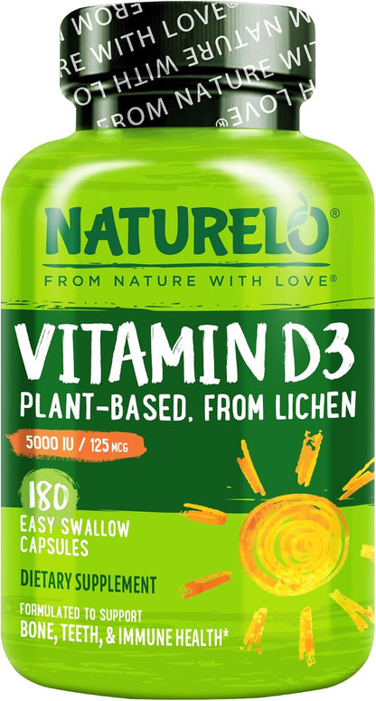 NATURELO Vitamin D - 5000 IU - Plant Based from Lichen - Natural D3 Supplement - Vegan - Non-GMO - Gluten-free - 180 Capsules