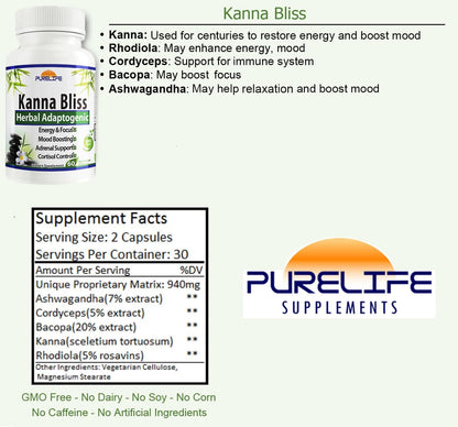 Kanna Bliss - Herbal Adaptogen Supplement (60 Vegetarian Capsules)