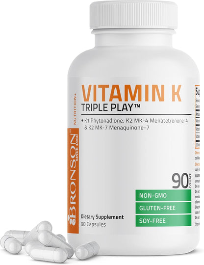 Bronson Vitamin K Triple Play - Full Spectrum Complex with K1, K2 MK4 & MK7, 180 Capsules