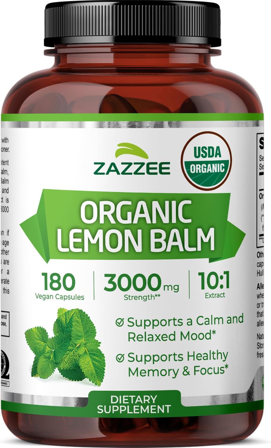 Zazzee USDA Organic Lemon Balm 10:1 Extract, 180 Vegan Capsules - 6 Month Supply - görsel 1