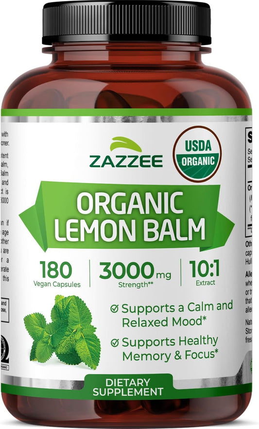 Zazzee USDA Organic Lemon Balm 10:1 Extract, 180 Vegan Capsules - 6 Month Supply