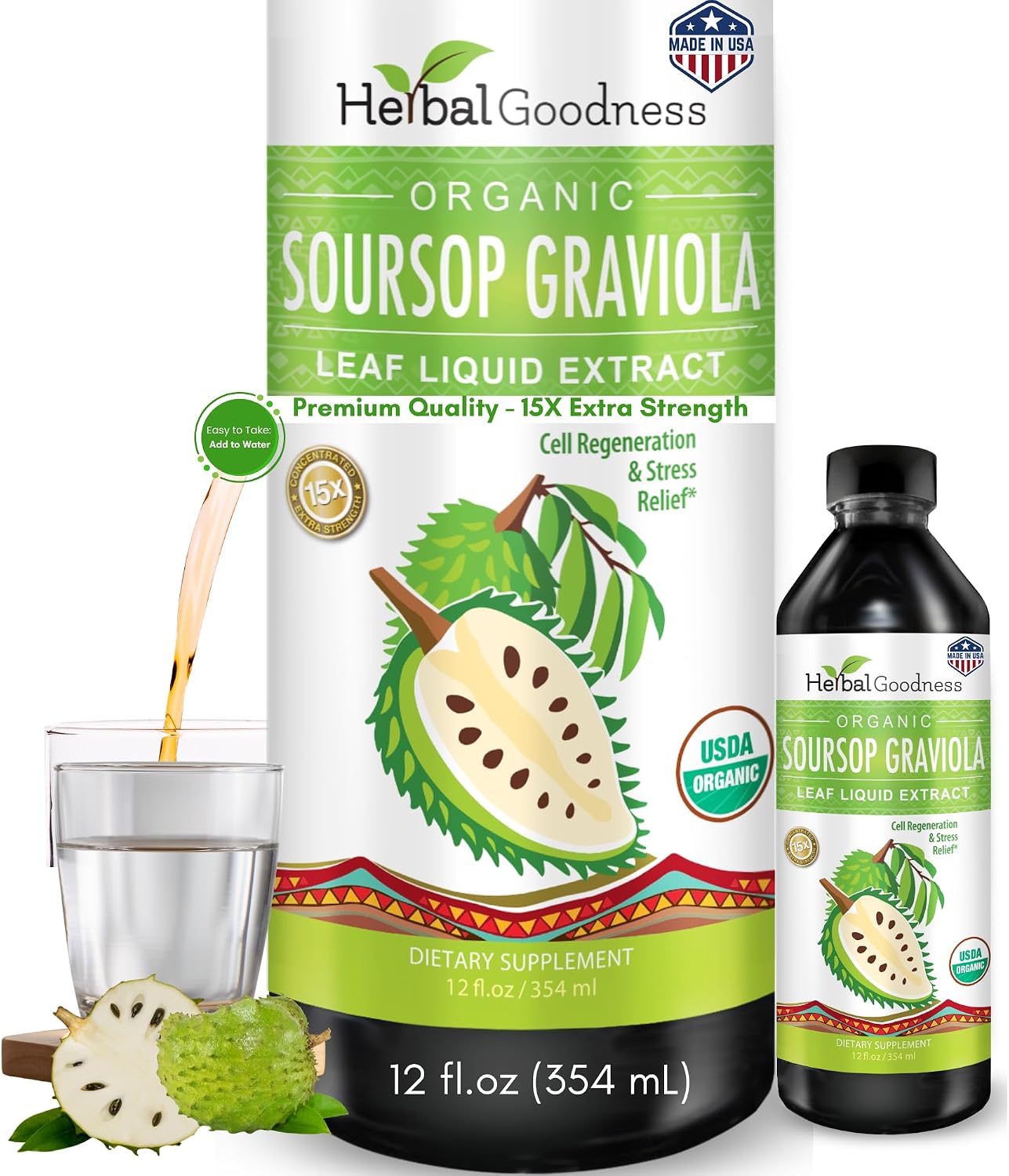 Herbal Goodness Soursop Graviola Liquid Drops - 15X Strength Organic Guanábana Extract - Vegan, Non-GM, Alcohol-Free, 355 ml - görsel 1