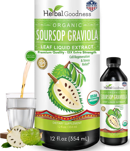 Herbal Goodness Soursop Graviola Liquid Drops - 15X Strength Organic Guanábana Extract - Vegan, Non-GM, Alcohol-Free, 355 ml