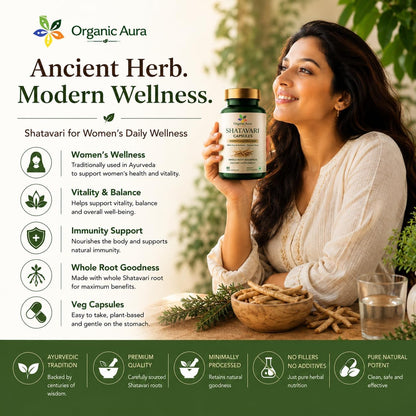 Shatavari Root Powder Capsules. Original and Whole Root Herbal Supplement. Daily Women's Wellness & Vitality Support. Pure, Safe & Minimally Processed. Veg Capsules - No Fillers or Additives.