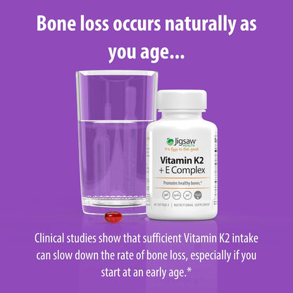 Jigsaw Health Vitamin K2 + E Complex | Bone Health Support | 60 Softgels | 60-Day Supply