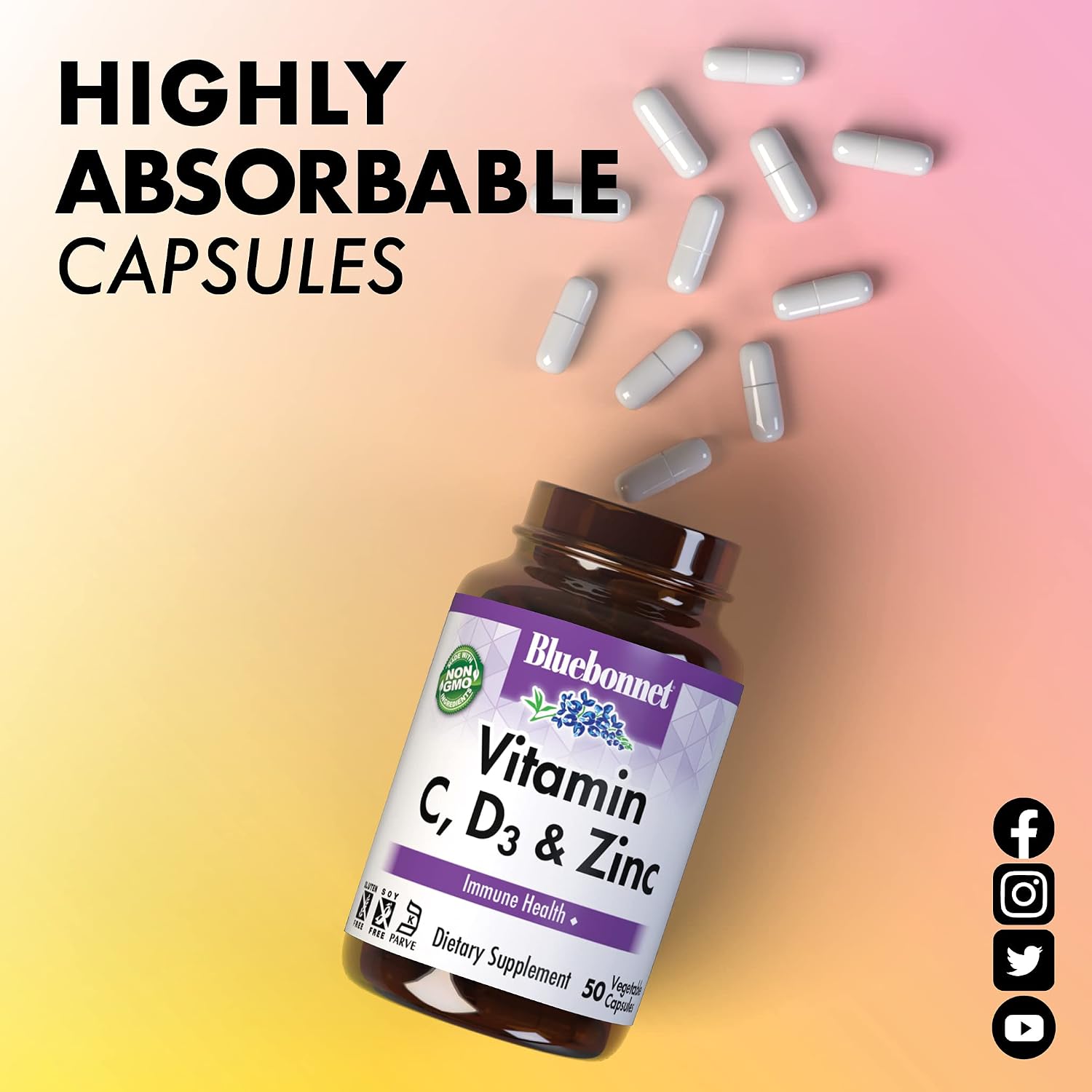BlueBonnet Nutrition Vitamin C, D3 & Zinc - Immune Support, 50 Vegetable Capsules - görsel 6