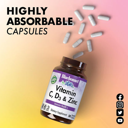 BlueBonnet Nutrition Vitamin C, D3 & Zinc - Immune Support, 50 Vegetable Capsules