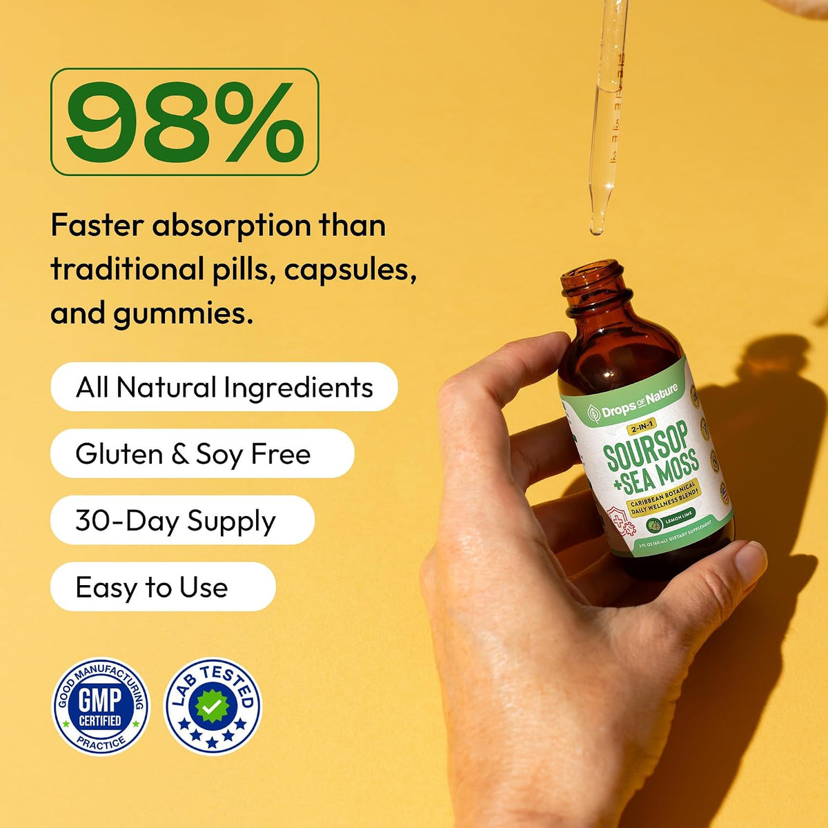 Drops Of Nature Soursop with Sea Moss Liquid Supplement – Concentrated Drops, Lemon and Lime, 60 ml - görsel 2