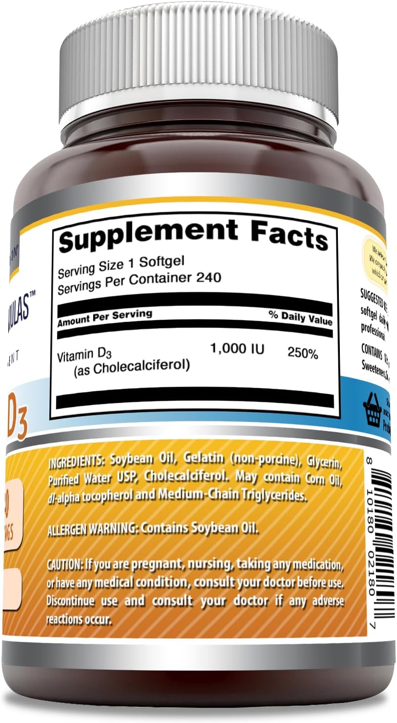 Amazing Formulae Vitamin D3 Supplement | 1000 IU | 240 Softgels | Non-GMO | Gluten-free | Made in USA - görsel 2