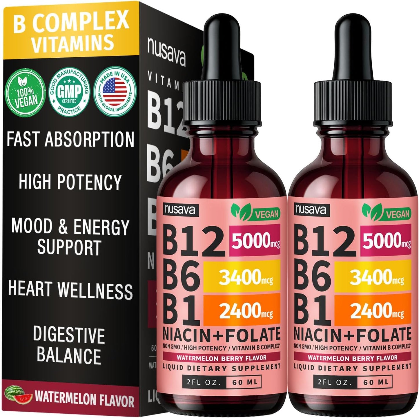 NUSAVA Vitamin B12 Liquid Drops 5000mcg – Sublingual B-Complex with B6, B1, Niacin, Folic Acid – Methylcobalamin for Energy & Immune Support – Vegan, Non-GMO, Watermelon (2 Pack, 60 ml) - görsel 1