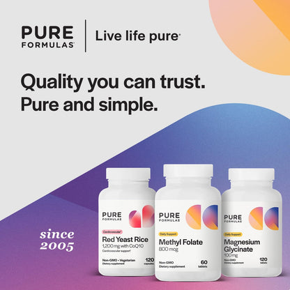 PureFormulas Methylfolate 800 mcg – Active B9 (5-MTHF) for Heart, Nerve & Mood Support, 60 Tablets