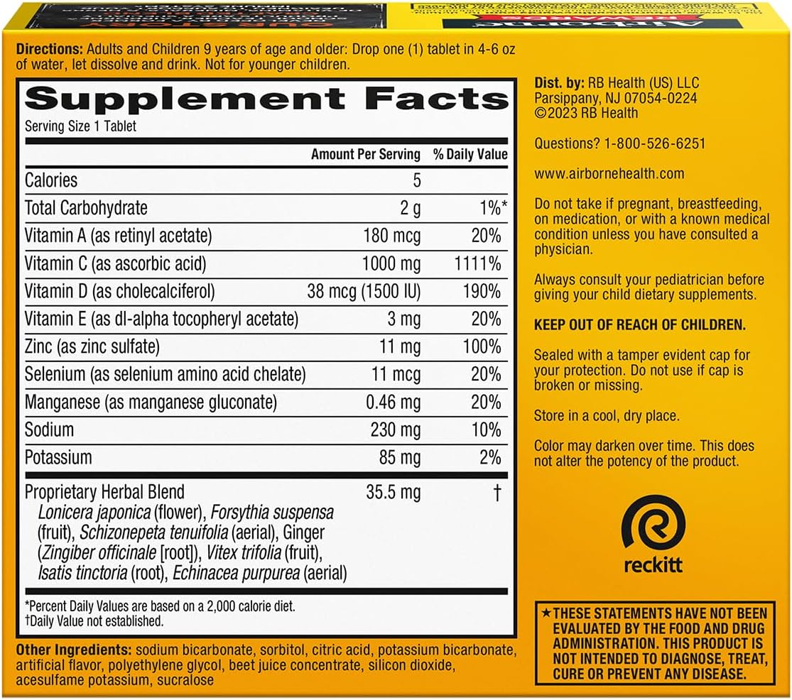 Airborne 1000mg Vitamin C with Vitamin D & Zinc - Sugar Free Effervescent Tablets for Immune Support, Very Berry Flavour with Antioxidants A, C, E - 30 Tablets (Pack of 2) - görsel 3